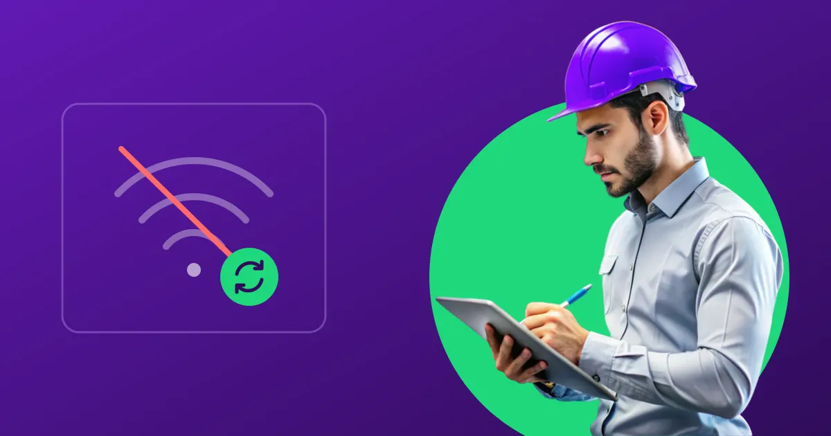 Técnico preenchendo um checklist no tablet ao lado de um ícone de sincronização sem internet